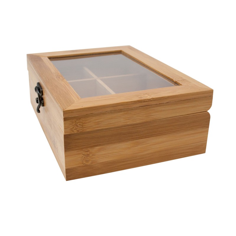 WOODEN BAMBOO RETRO BOX TEA BAG CHEST CADDY TRANSPARENT LID