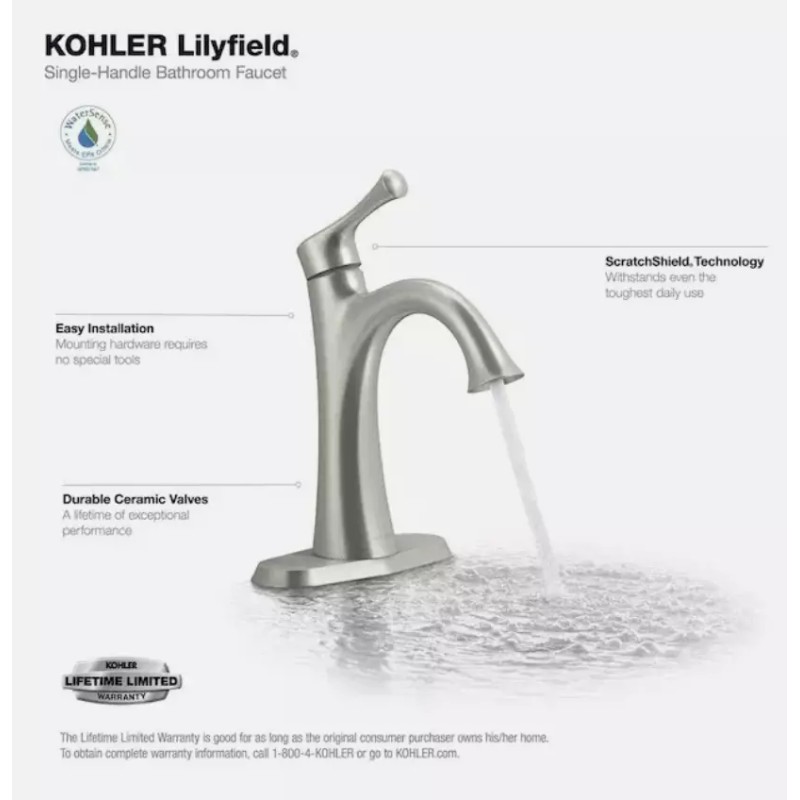 KOHLER Lilyfield Brushed Nickel Handle Single Hole/4" Centerset Bathroom Faucet