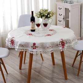 LeLehome 57" Flowers Embroidery Round Tablecloth, Vintage Classic Lace Beige White Leaves Dining Table Cloth Table Cover for Festival Wedding Party Home Kitchen