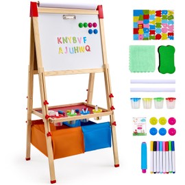 VEVOR Art Easel for Kids, 3-in-1 Wooden Double-Sided Kid's Art Easel with Magnetic Whiteboard, Chalkboard, Paper Roll, Adjustable Standing Drawing Board with Painting Accessories, Storage for Boy Girl