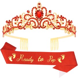 Srotmirw She's Ready to Pop Baby Shower Decorations Red Crown and Ready to Pop Sash for Gender Reveal Party She's about to Pop Baby Shower Decorations Party Decor