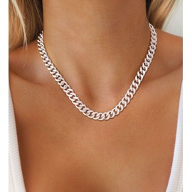 CTEEGN Chunky Silver Cuban Necklace for Women Statement Thick Trendy Dainty 925 Sterling Chain Link Necklace Waterproof Simple Tarnish Herringbone Summer Choker Layered Layering Jewelry Gift