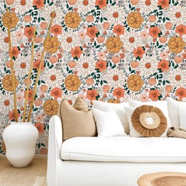 VEELIKE Boho Floral Wallpaper Vintage Floral Peel and Stick Wallpaper for Bathroom Nursery Bedroom Walls 17.7''x354'' Renter Friendly Removable Flower Wall Mural Contact Paper for Cabinets Shelves