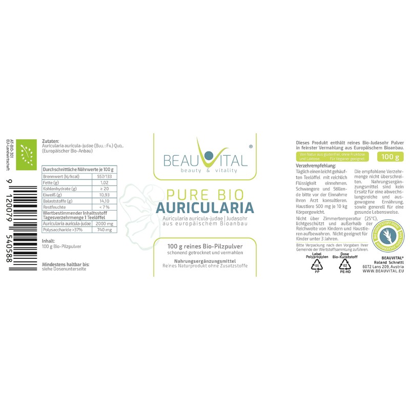 Pure Organic Auricularia Powder 100 g Judas Ear from EU