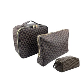 Makeup Bag,3 Pcs Brown Checkered Bags Set,Portable with Adjustable Partition,Large Capacity Pouch for Travel Cosmetic Organizer, Makeup Brushes,Waterproof, Toiletries,Designer for Gift,Checkered