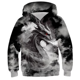 Ahegao Big Boys Grey Dragon Hoodie 3D Print Pullover Youth Casual White Smoke Loose Fit Sweatshirts Size 12-14 Teenagers Fashion Long Sleeve Jerseys Girls Round Neck Pocket Hoodys