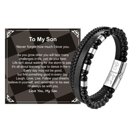 Kessofera Men Leather Bracelet Gifts, Engraved Bracelets for Fathers Day Birthday Graduation Christmas, Natural Beaded Chain Bracelet, Braided Rope Wristband for Him Dad Daddly Son Grandpa Husband