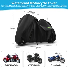 Motorcycle Cover Waterproof for Trike Models Freewheeler/CVO Version/Tri Glide Ultra/Gold Wing Trike, Heavy Duty Sun Rain Outdoor Protection Motorbike Cover with Antenna Zipper & Soft Cotton Lining