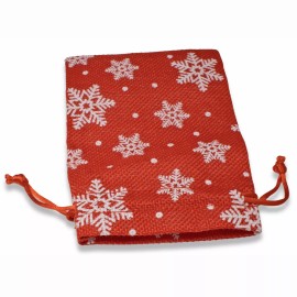 Hackberry Creek 5 Red + White Snowflake Fabric Drawstring Bags, Christmas Cloth Pouches