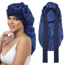 AWAYTR Long Satin Bonnet for Braids - Elastic Silk Hair Bonnets for Sleeping Night Cap Stretchy Tie Band for Women（Navy Blue）