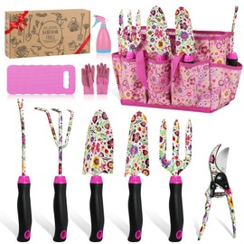 Housolution Gardening Tools Set, 10 PCS Stainless Steel Heavy-Duty with Non-slip Soft Rubber Handle with Large Garden Bag, Floral Pattern Gardening Tool Set Gifts for Women Birthday Mother's Day, Pink