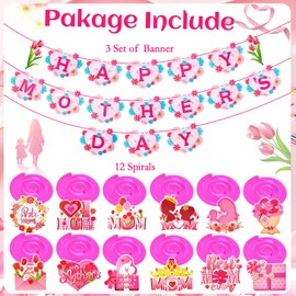 HOWAF Mother’s Day Decoration, Pink Floral Mother’s Day Bunting Banner Mother’s Day Foil Swirls, Happy Mother’s Day Banner with Mother’s Day Hanging Swirls for Mom’s Day Mom’s Birthday Party Supplies