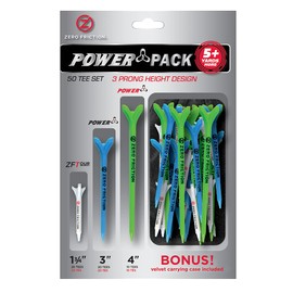 Zero Friction Power Variety Golf Tee Pack, 50 Tee Set, White/Blue/Lime, ZU10003