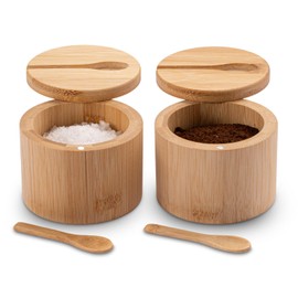 Salt Container Set of 2 - Round Bamboo Salt Cellar & Spice Box with Spoon,Magnetic Swivel Lids for Easy Access,Ideal Spice Box for Salt,Pepper,Sugar,Seasonings - Kitchen Essential Storage Solution