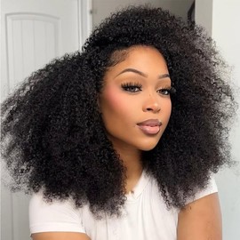 FYKD Kinky Curly Half Wig Human Hair 3 In 1 Seamless Flip Over Glueless Wigs Human Hair With Drawstring Beginner Friendly Headband Wig Wear and Go Wig Human Hair Afro Wig 200 Density 18inch