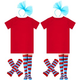 2 Set Costume for Women Include Red T Shirt Striped Socks Stretchy Gloves Blue Tulle Ponytails Headband for Cosplay(Lake Blue, Small)