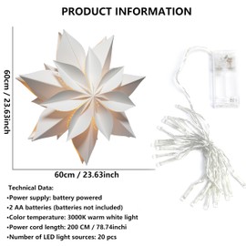 EANLOLY Christmas Star Illuminated, Paper Stars Christmas, 3D Star Window, Christmas Decoration Indoor for Hanging with Lighting, White, Diameter 60 cm
