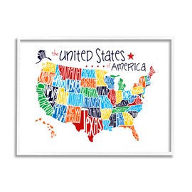 Stupell Industries USA Map with State Names Typography, Design by Erica Billups White Framed Wall Art, 11 x 14, Multi-Color