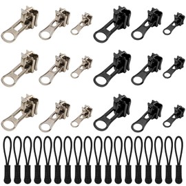 36 PCS Universal Zipper Repair Kit - 3 Size Double-Sided Zipper Sliders with Zippers Pull, Black & Silver Zippers Fix Repair Replacement Kit for Backpack, Jackets, Coats, Tents, Luggage, Bags