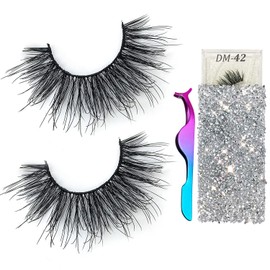 3D Mink Eyelashes Real Siberian Handmade Invisible Band False Lashes Pair with 1 Tweezers Cruelty Free Natural Soft Curly Fake Eyelash Strips in Deluxe Box for Womens (DM-42)
