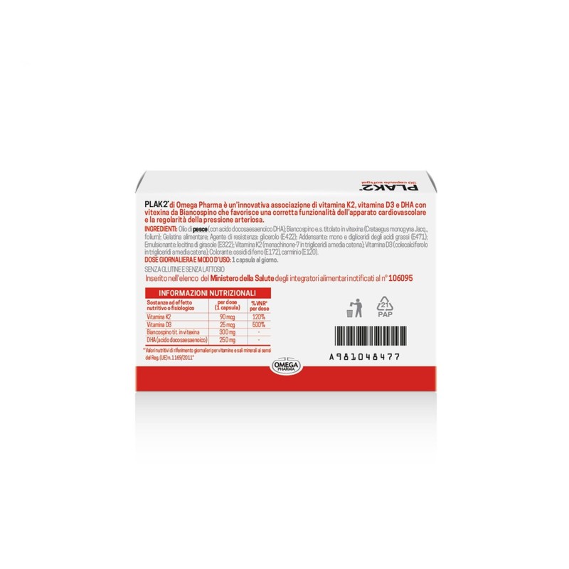 Omega Pharma - Plak2, Integratore Alimentare con Vitamina K2, D3