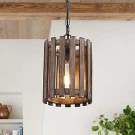 Farmhouse Rustic Pendant Light, 1-Light Round Cage Pendant Lighting Fixture with Adjustable Chain for Kitchen Island Hallway Dining Room Bar, Solid Wood