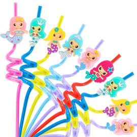 24Pcs Mermaid Party Favors Straws Reusable Plastic Mermaid Drinking Straws for Mermaid Theme Birthday Party Supplies
