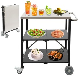 3-Tier Foldable Outdoor Grill Cart with Wheels, Stainless Steel Pizza Oven Stand, Movable Outdoor Prep Table with Handle for BBQ, Rolling BBQ Table for Patio Garden Kitchen (Black)