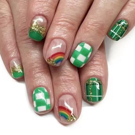 24Pcs St. Patrick's Day Fake Nails French Tip Press on Nails Glitter Grid Stripe Rainbow Designs False Nails Full Cover Green Acrylic Nails Reusable St. Patrick's Day Glue on Nails for Women