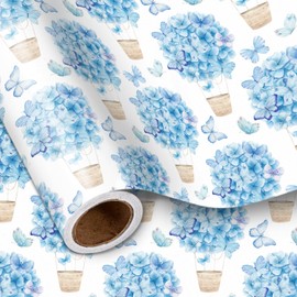 LeZakaa Blue Hydrangea Wrapping Paper Roll for Girls Kids, Hydrangea Flowers & Watercolor Butterfly Party Gift Wrap for Wedding, Baby Shower, Mother's Day, Birthday, Mini Roll, 17 inches x 16.4 Feet