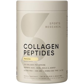 Sports Research Péptidos de Colágeno Hidrolizado Tipo 1 y 3 Vainilla 480 g  Aporta 11 g de colágeno, 18 aminoácidos y 10 g de proteína por porción... 