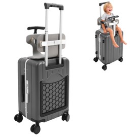 MARTEXBUY Kids Ride-on Luggage with Foldable Back Rest, 20" Carry On Luggage Travel Trolley Case with Seat for Children, Top Opening Suitcase with Spinner Wheels and Lock (Dark Grey, 20 Inch)