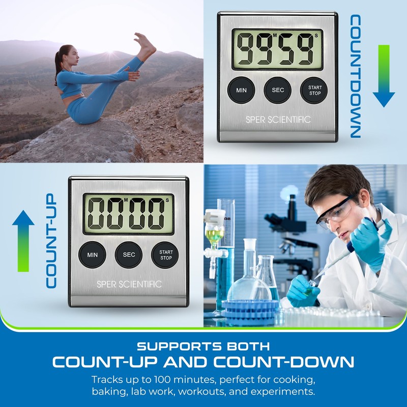 Sper Scientific Stainless Steel Digital Lab + Kitchen Timer 810028A