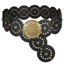 XZQTIVE Western PU Leather Belts for Woman Concho Cowgirl Cowboy Disc Belt for Ladies Wide Boho Country Waist Belts for Dress, bronze buckle, Black, 145cm