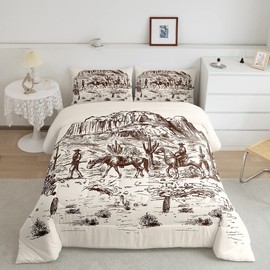 Wild West Comforter Set Twin Cowboys Bedding American Western Desert Hunting Horse Riding Bedding Comforter Sets For Man Teens Boy Hand Drawn Illustration Mountain Cactus Bedroom Decor Duvet Insert