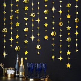 Gold 40th Birthday Garlands Decorations Number 40 Circle Dot Twinkle Star Banner Metallic Hanging Streamer Bunting Banner Backdrop for Women Mens 40 Year Old Birthday Forty Anniversary Party Supplies