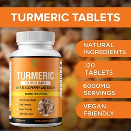 Turmeric Curcumin & Black Pepper with Ginger | High Strength 120 Tablets 6000mg per Serving | Made in The UK | Natural Health Supplement for Men & Women (120)