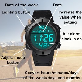 AUCANNIO Digital Watches for Men, Multi-Function Wrist Watch, Black Waterproof Sport Watch, Stopwatch Large Dial with LED Light, Calendar Stopwatch Alarm Suitable Running Outdoors Swimming