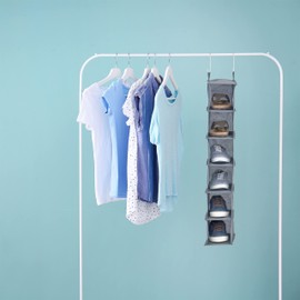 Relaxdays Wardrobe Hanging Shelf, 6 Compartments, Fabric, H x D 99 x 15 x 30 cm, 2 Hooks, Narrow Shoe Hanging Storage, Grey