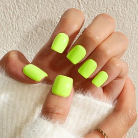 KQueenest Neon Green Press On Nails Short Square - Acrylic Press On Nails Summer, Sheer Bright Vibrant Lime Short Fake Nails with Glue, Glossy Reusable Soft Gel Glue on Nails for Women, 24 Pcs