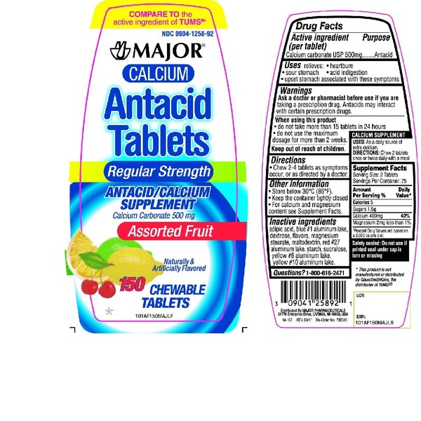 Major Calcium Antacid Chewable Tablets, Assorted Fruit Flavors, 500 mg, 150 Count (1 Bottle)