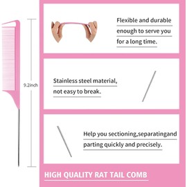 Juego de 12 peines para peinar el cabello, cepillo de nailon para el cabello, peine de cola de rata, con clips de pico de pato, cepillo de borde de doble cara para cepillado de bordes y espalda, peinar, alisar el cabello para mujeres y niñas (rosa)