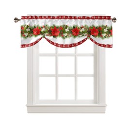 Tie Up Curtain Valance, Christmas Pine Branches Cones Poinsettia Red Flower Stripe Snowflake Short Rod Pocket Adjustable Window Curtains for Living Room, Bedroom, Kitchen, Bathroom, 1 Panel, 42" X 18"