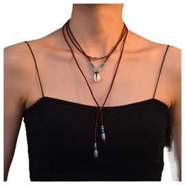 2Pcs Leather Choker Necklace Bohemian Turquoise Shell Necklace Chain PU Rope Beads Jewelry for Women Girls