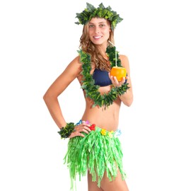 WOFASHPURET Green Hawaiian Party Garland - 4pcs Set Artificial Leaf Necklace Neck Loop Headband Bracelet for Wedding Wreath Tropical Beach Luau Party Favor Supplies