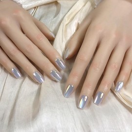 Pure Handmade Nails Press on Nail Reusable Fake Nails Aurora Cat's Eye White Nude Medium Stick on Nails French Tip False Nails 10pcs (XS, Q263)