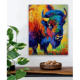 Mighty Bison Abstract National Park Farmhouse Landscape 18x24 Unframed Poster American Buffalo Cabin Painting Vibrant Rustic Style, Wildlife Decor for Western and Naturalistic Outdoors, Animal Artwork