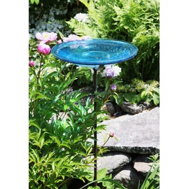 Achla Designs Crackle Glass Birdbath Bowl with Stake, 14-in, Teal