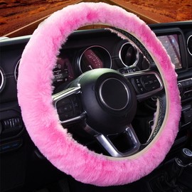 KAFEEK  Elastic Microfiber Plush Steering Wheel Cover - Anti Slip Warm Universal 15 inch - Winter Gifts for Boys and Girls,4 color - Color: Long plush-pink