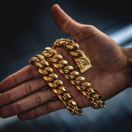 ROWIN&CO Miami Cuban Link Chain for Men 18K Gold Stainless Steel Curb Necklace/Bracelet, Hip Hop Jewelry, Durable & Anti-Tarnish CZ Diamond Skull Clasp Chain 8" to 30" Inch